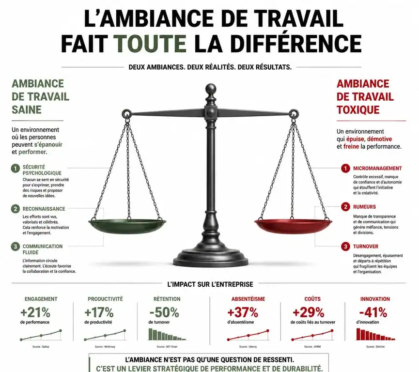 Infographie comparant les indicateurs d'une ambiance de travail saine et d'une ambiance de travail toxique en entreprise