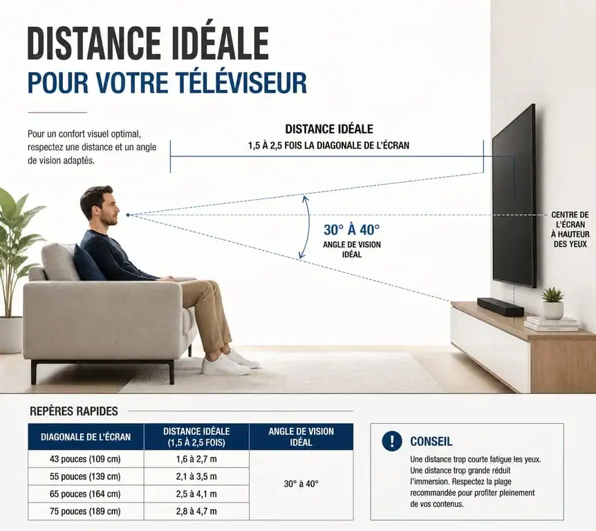 Infographie illustrant la distance idéale entre le canapé et la télévision pour un confort visuel optimal