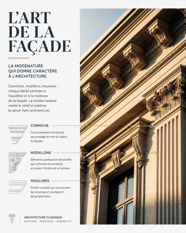 Détails de modénature sur une façade architecturale classique