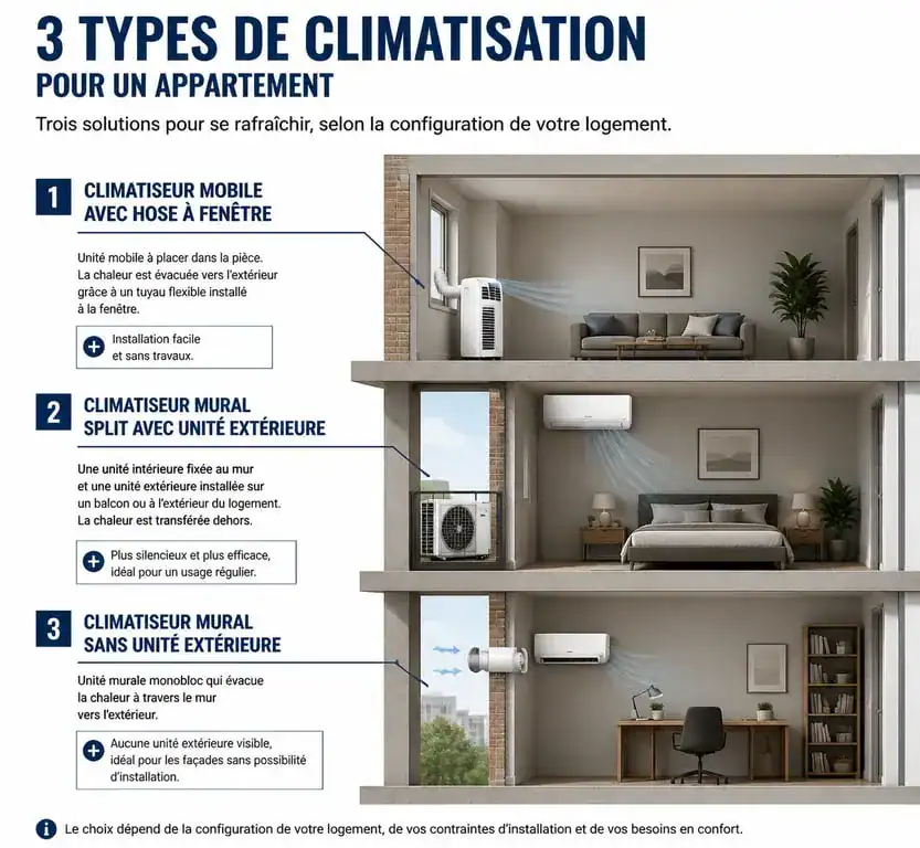 Schéma comparatif des systèmes de climatisation pour appartement : mobile, split et sans groupe extérieur