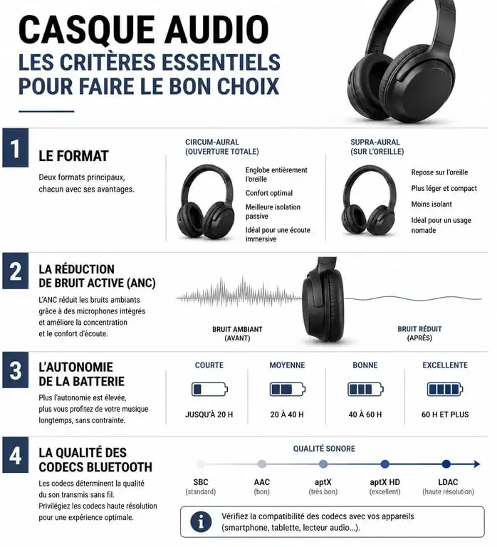 Infographie comparative des critères pour choisir le meilleur casque audio selon ses besoins.