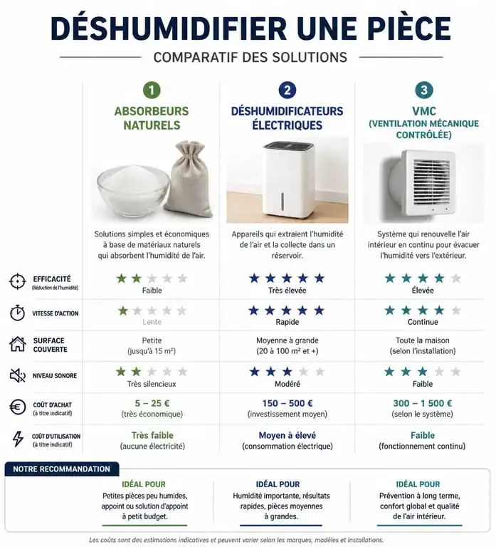 Infographie comparative des solutions pour déshumidifier une pièce