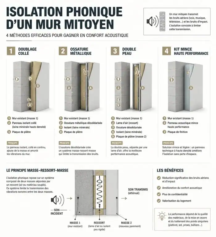 Comparatif visuel des techniques d'isolation phonique d'un mur mitoyen