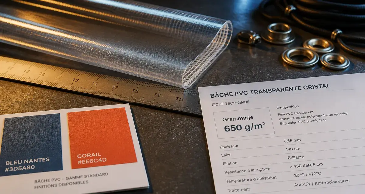 Bache pvc transparente cristal, armature visible, 900 g/m² et 120 KLY