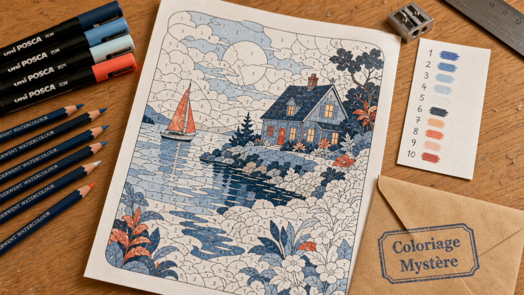 Coloriage magique pour adulte, feuille mystère numérotée, feutres et crayons sur table