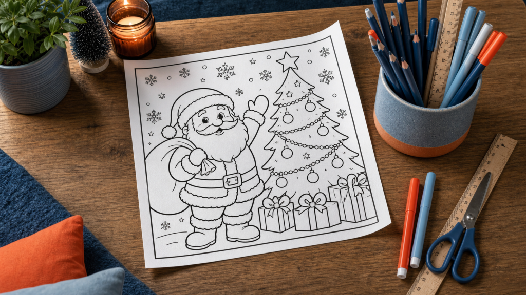 Dessin de noël à imprimer : Père Noël et sapin à colorier sur papier A4