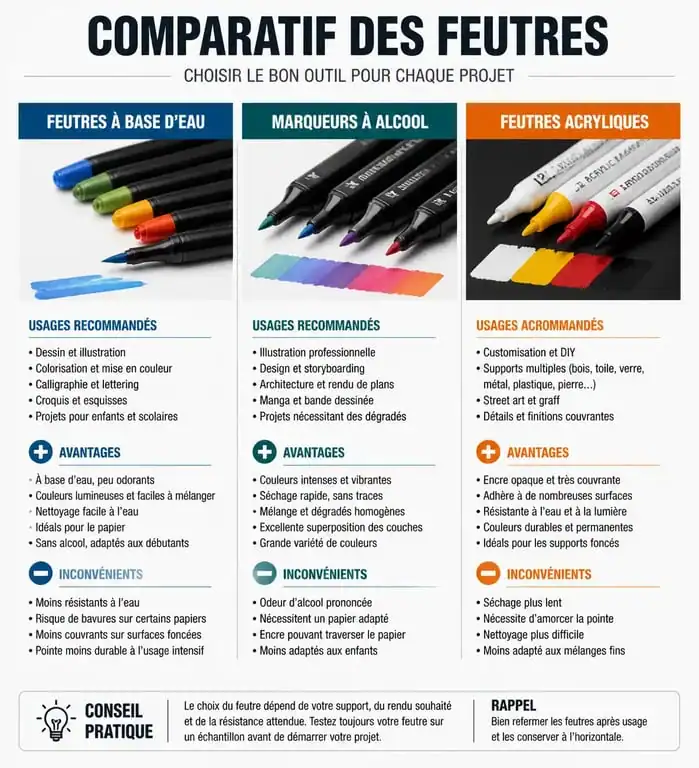 Infographie comparative des types de feutres pour le coloriage adulte : eau, alcool et acrylique