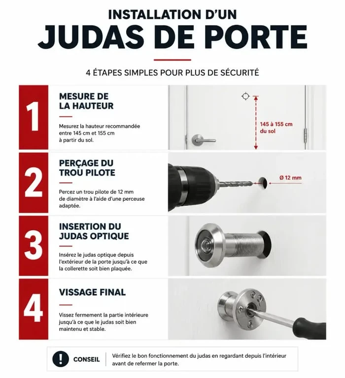 Schéma illustrant les étapes d'installation d'un judas sur porte pour sécuriser son entrée