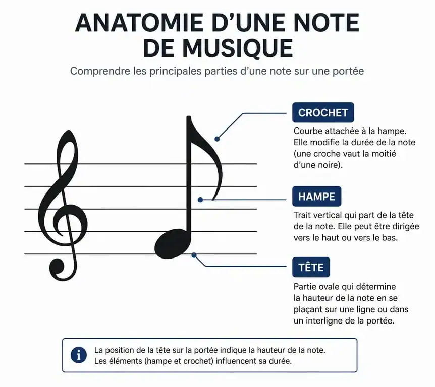 Schéma explicatif de l'anatomie d'une note de musique sur une portée