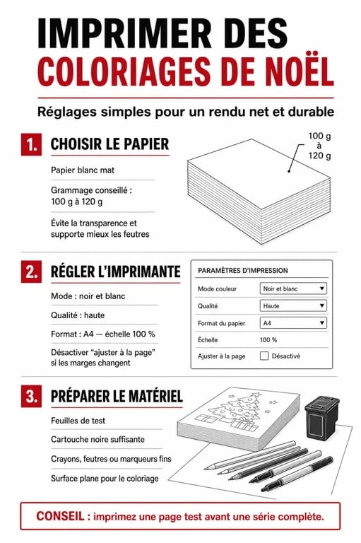 Infographie des conseils techniques pour réussir l'impression de vos dessins de Noël à imprimer