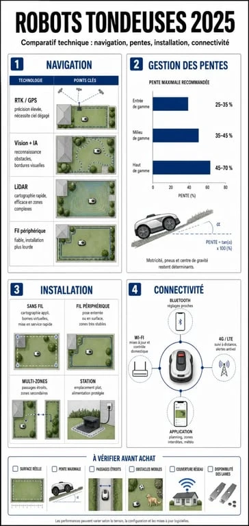 Comparatif des caractéristiques techniques des meilleurs robots tondeuses 2025