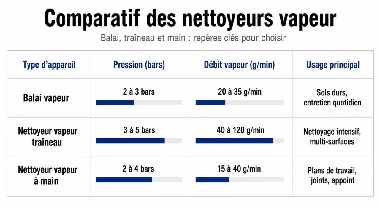 Infographie comparative des types de nettoyeurs vapeur pour choisir le meilleur nettoyeur vapeur selon vos besoins.