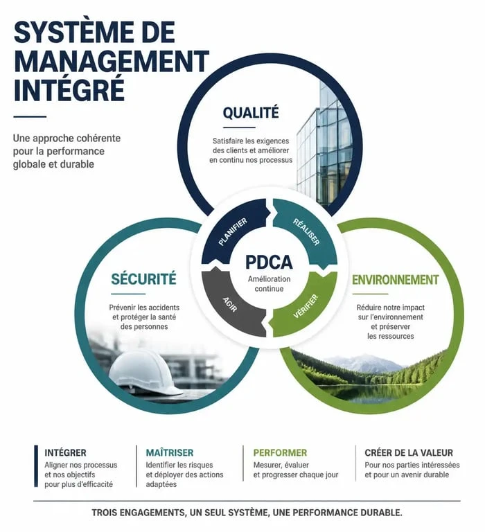 Schéma du système de management intégré QSE : Qualité, Sécurité et Environnement