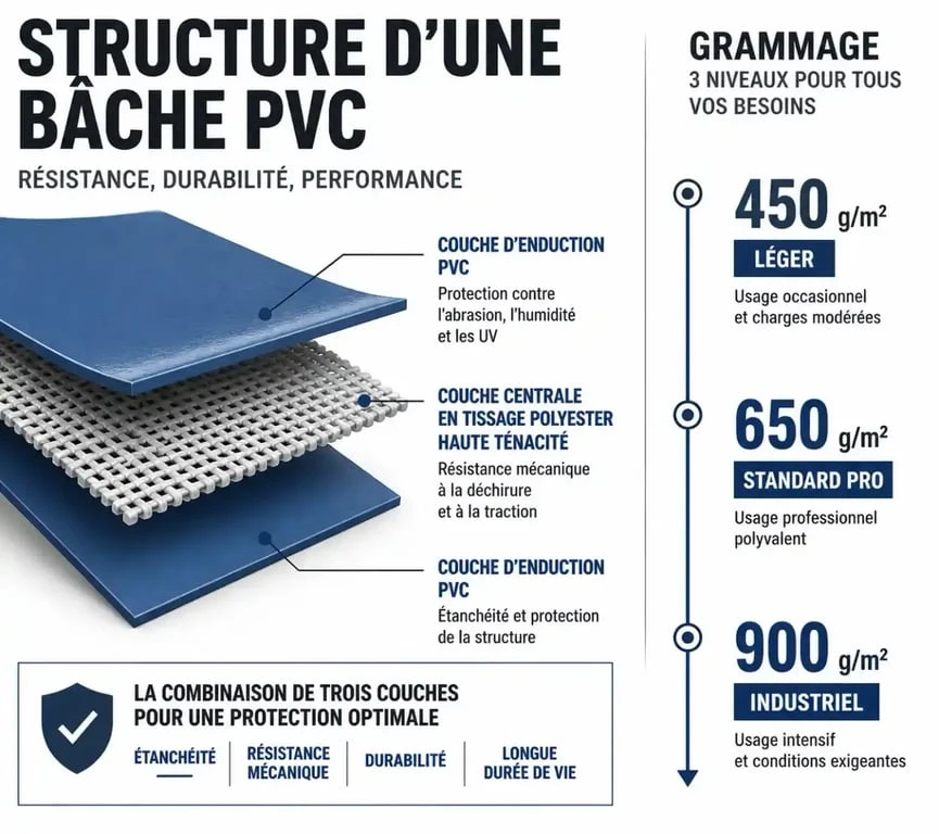 Schéma technique illustrant la structure multicouche et les différents grammages d'une bâche PVC professionnelle
