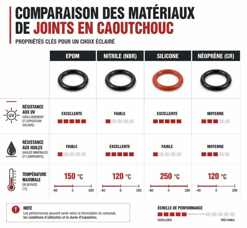 Tableau comparatif des propriétés techniques des joints en caoutchouc : EPDM, Nitrile, Silicone et Néoprène pour choisir le bon joint caoutchouc.