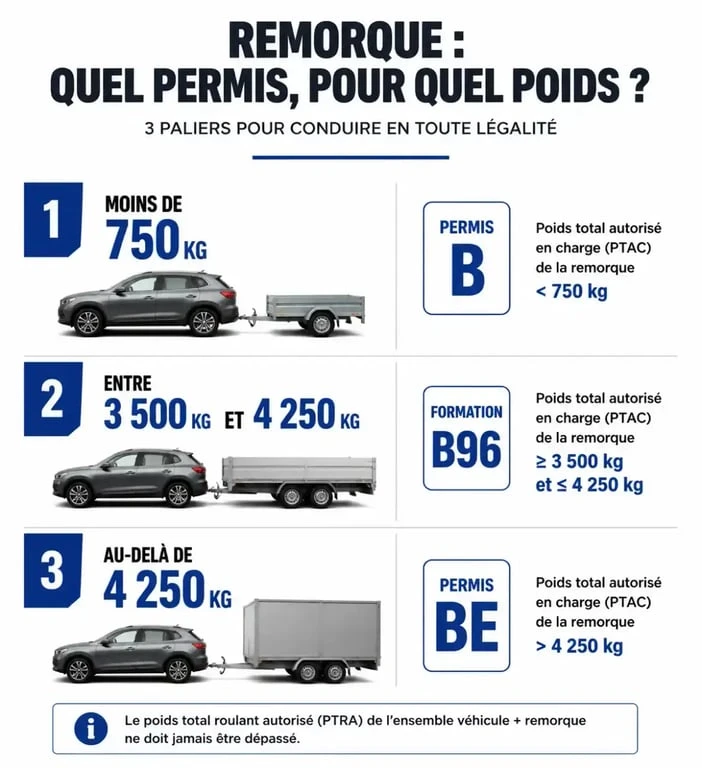 Infographie des permis requis pour la location de remorque particulier selon le PTAC