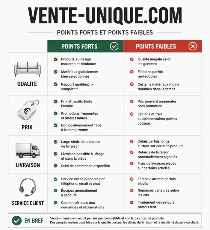 Infographie récapitulative des avis sur Vente-unique.com : qualité, prix et livraison
