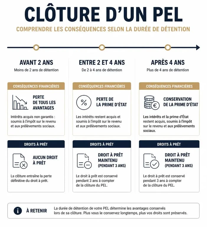 Infographie des conséquences de la clôture d'un PEL sans projet immobilier selon l'ancienneté du plan