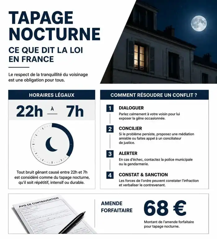 Infographie récapitulative sur la réglementation du tapage nocturne et les recours possibles en cas de nuisances sonores.