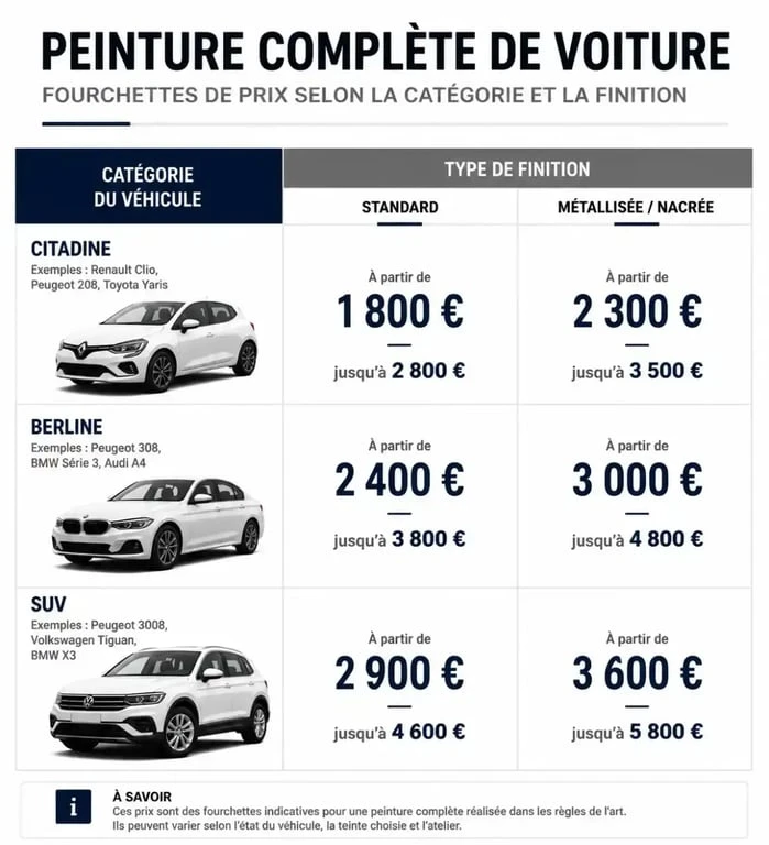 Tableau comparatif des prix d'une peinture complète de voiture par catégorie de véhicule