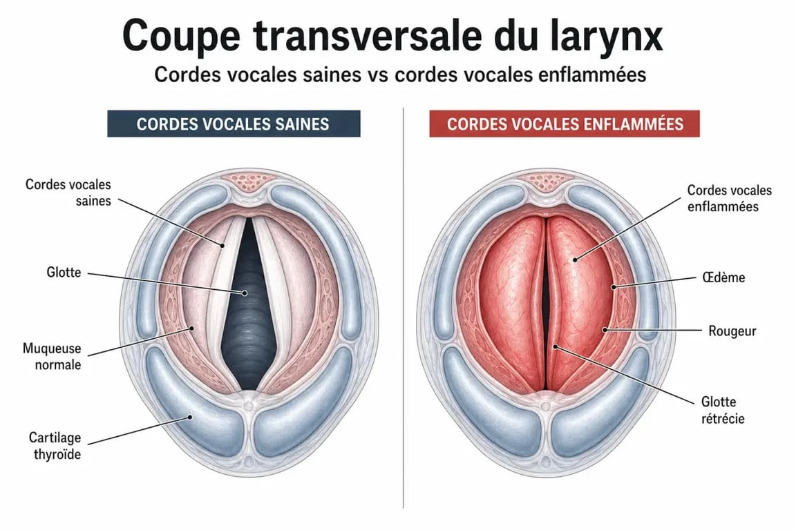 Schéma anatomique du larynx expliquant l'extinction de voix et l'inflammation des cordes vocales