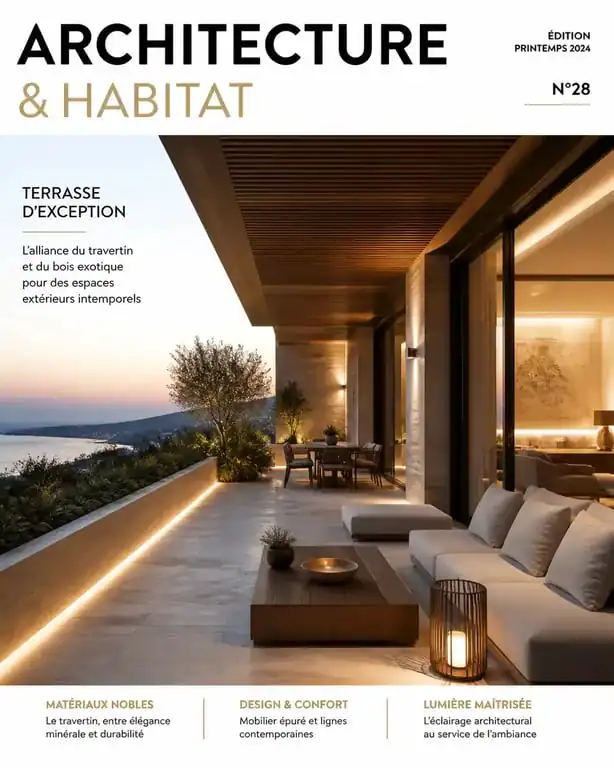 Aménagement extérieur de prestige avec terrasse en pierre naturelle et bois exotique pour un jardin haut de gamme en France