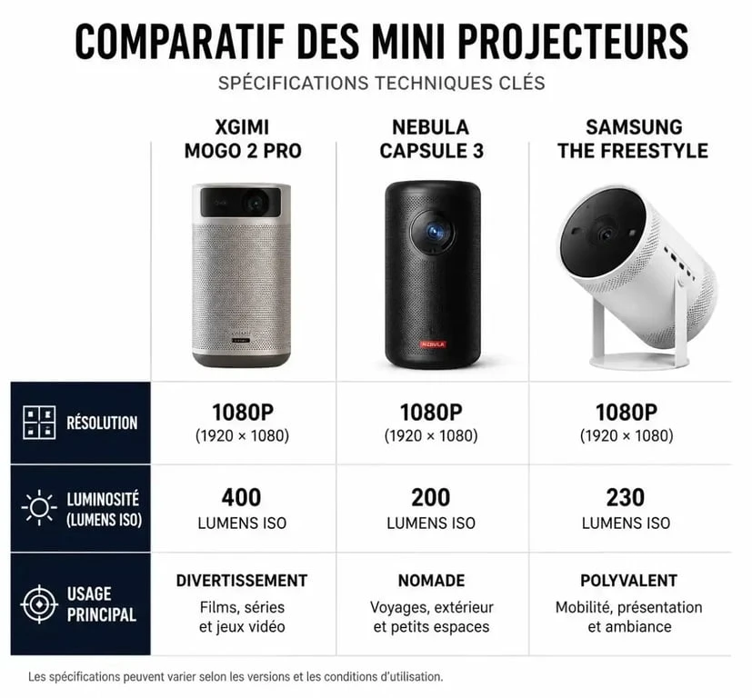 Infographie comparative des meilleurs mini projecteurs : Xgimi MoGo 2 Pro, Nebula Capsule 3 et Samsung The Freestyle