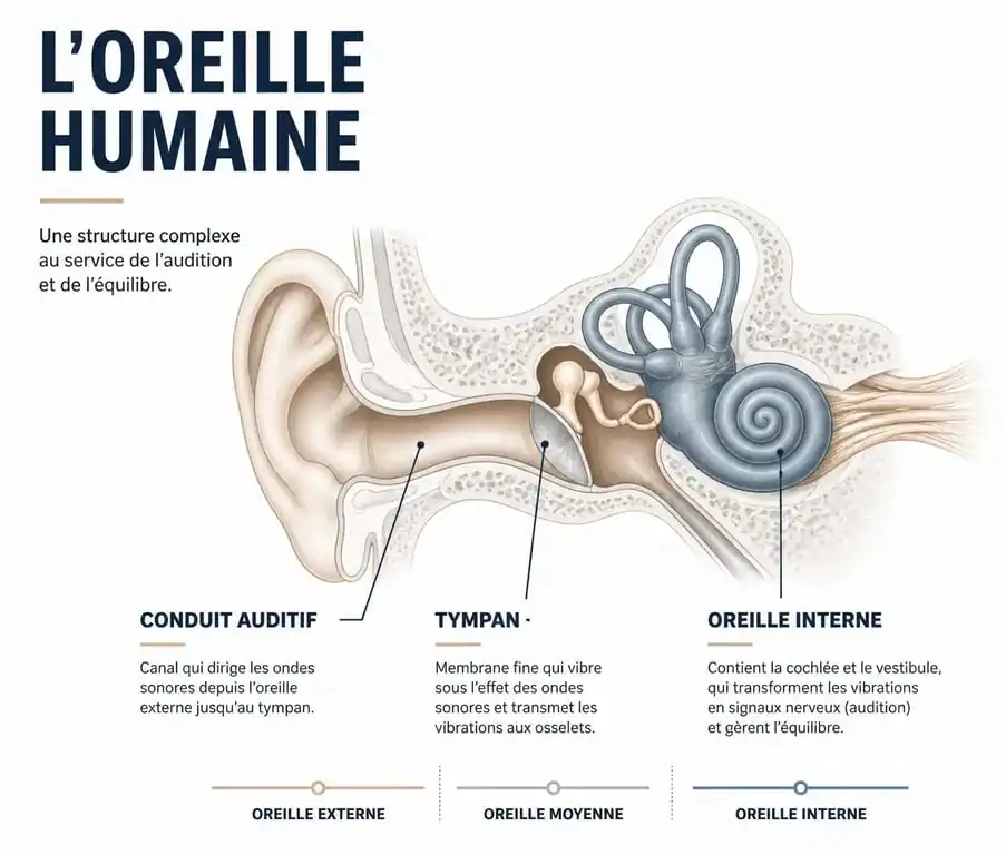 Schéma anatomique de l'oreille humaine pour comprendre l'origine de l'oreille gauche qui siffle