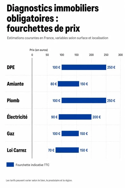 Infographie des prix moyens des diagnostics immobiliers obligatoires pour une vente ou location