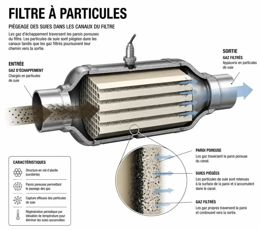 Schéma de fonctionnement d'un filtre à particules (FAP) automobile