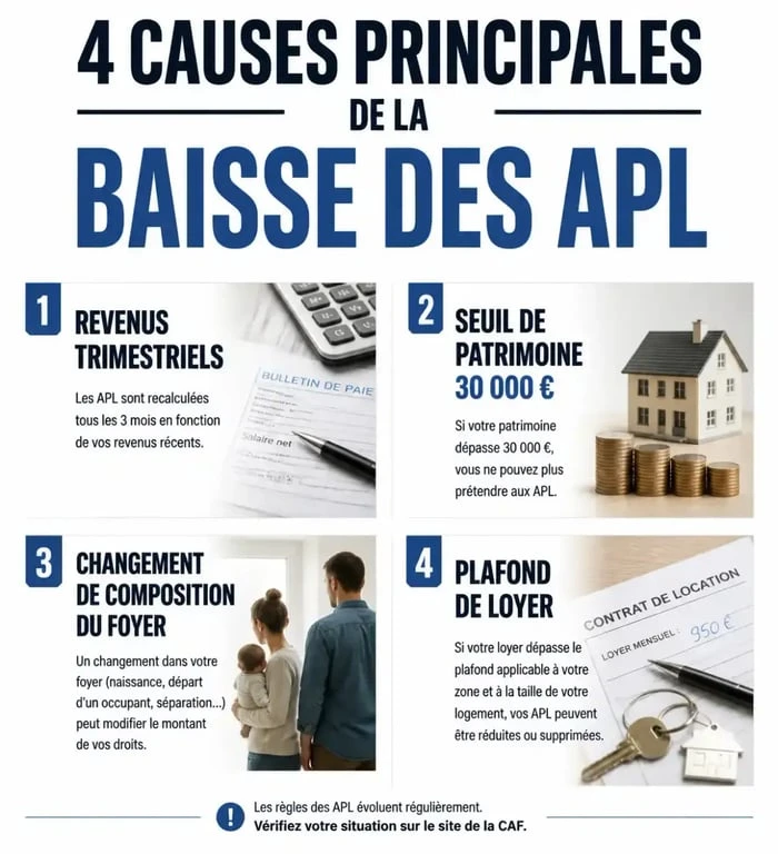 Infographie explicative des causes de la baisse des APL : revenus, patrimoine, foyer et loyer.