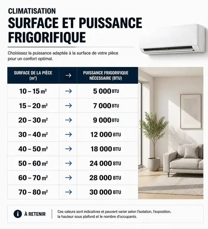 Infographie montrant la puissance en BTU recommandée pour chaque surface de pièce pour choisir le meilleur climatiseur mobile.