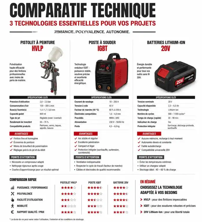 Infographie des technologies de bricolage : HVLP, IGBT et batteries 20V sur bricolage-zone.fr