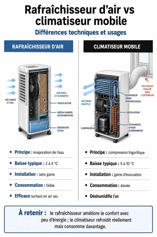 Comparatif technique entre rafraîchisseur d'air et climatiseur mobile pour choisir son équipement selon les avis 60 millions de consommateurs