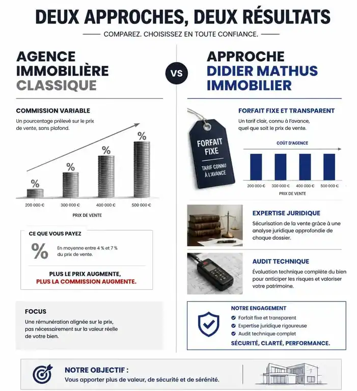 Comparatif entre une agence immobilière classique et l'approche Didier Mathus immobilier pour une transaction sécurisée