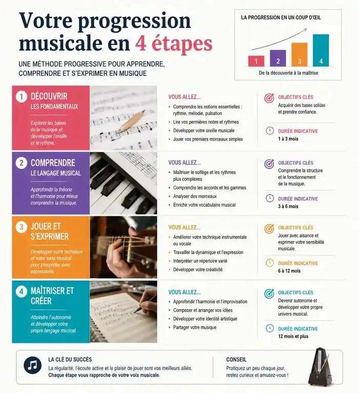 Progression pédagogique de La Maison des Sons avec les quatre séries colorées pour l'apprentissage musical.