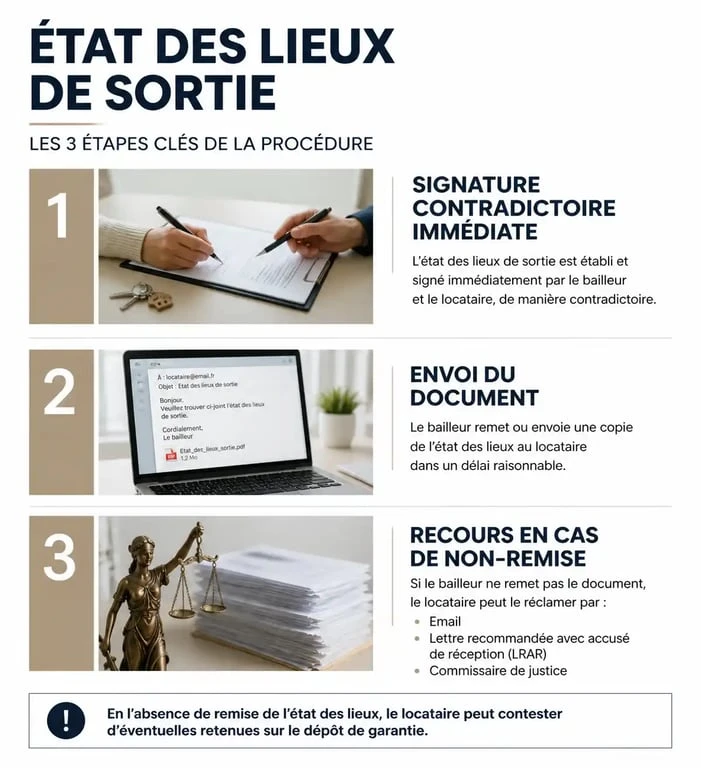 Infographie des étapes juridiques pour un état des lieux de sortie non remis le jour même