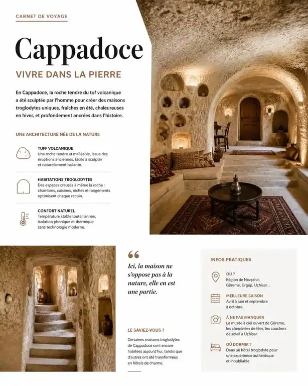 Intérieur d'une maison troglodyte en Turquie, architecture unique en Cappadoce