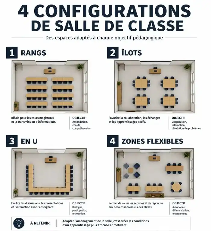 Schéma des différentes configurations d'aménagement d'une salle de classe