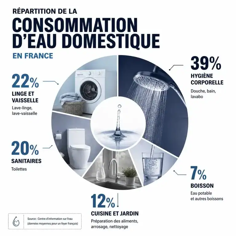 Répartition de la consommation moyenne d'eau par usage dans un foyer français
