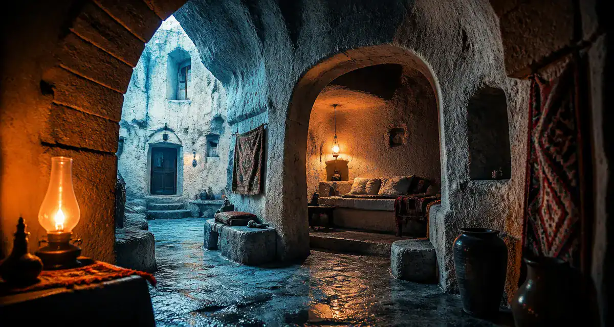 Turquie maison troglodyte en Cappadoce : entrée troglodyte en roche et confort moderne