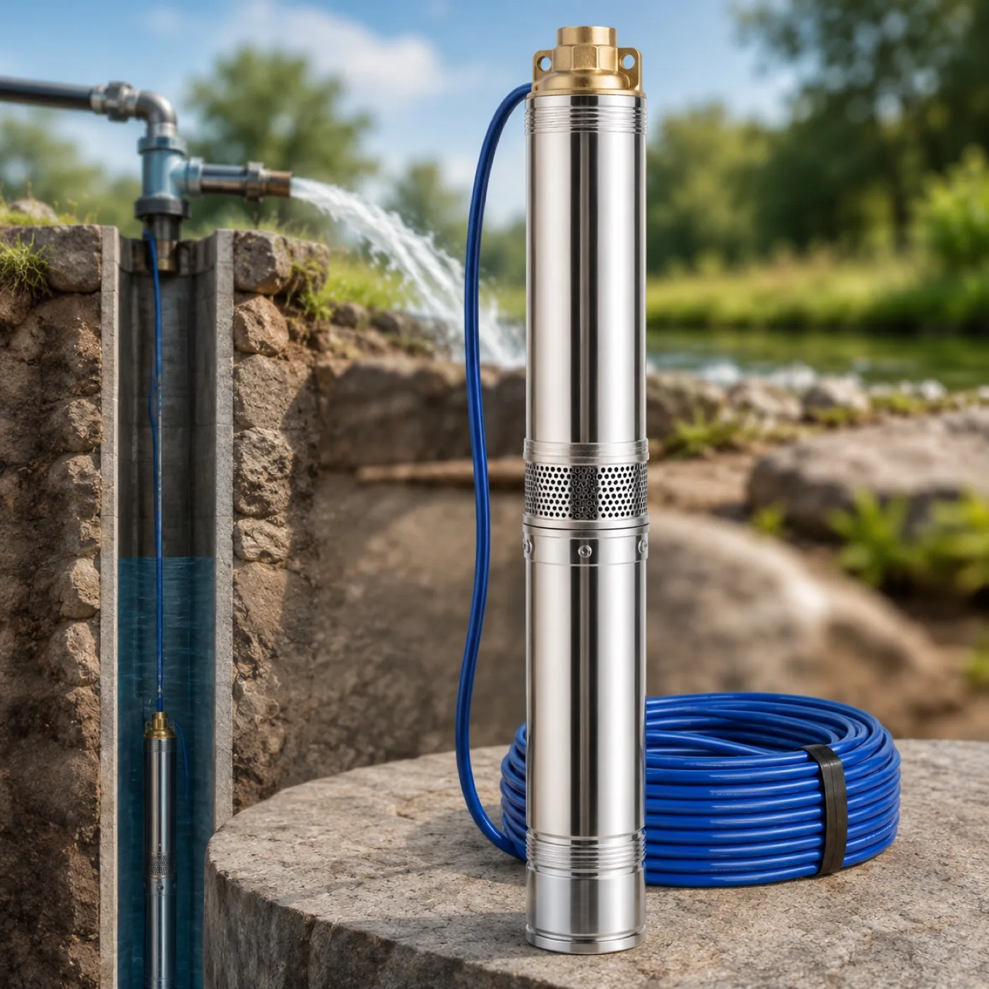 Pompe immergée en inox pour puits profond installée près d'un puits