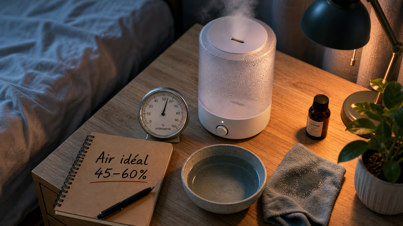 Comment humidifier une chambre la nuit : hygromètre 45–55% et humidificateur sans moisissures