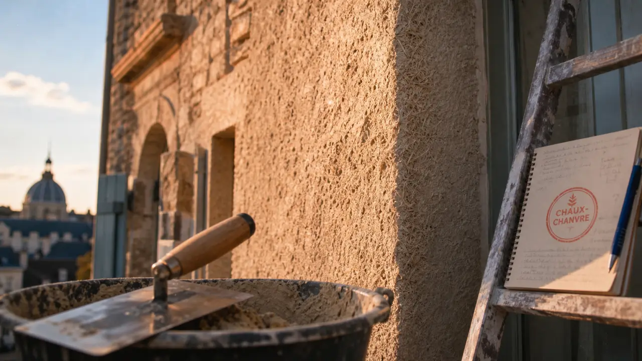 Enduit chaux chanvre exterieur sur façade ancienne, finition texturée