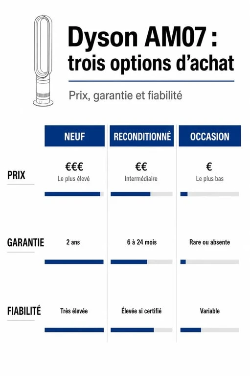 Comparatif des options d'achat pour le ventilateur Dyson AM07 : neuf, reconditionné ou occasion
