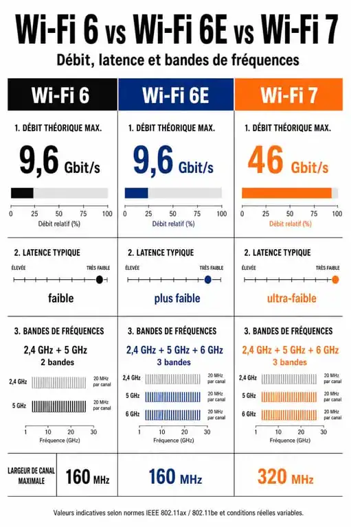 Infographie comparative des normes Wi-Fi 6, 6E et 7 pour choisir le meilleur routeur wifi