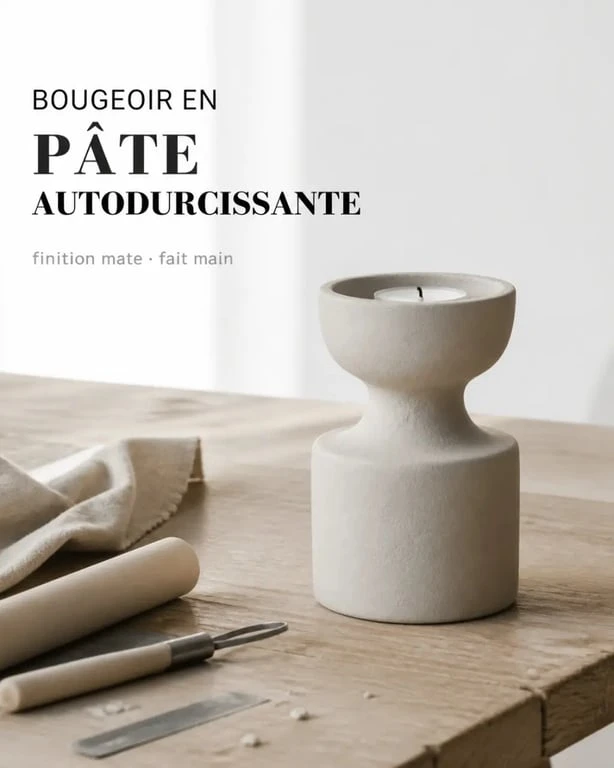 Bougeoir en pâte autodurcissante fait main posé sur une table en bois