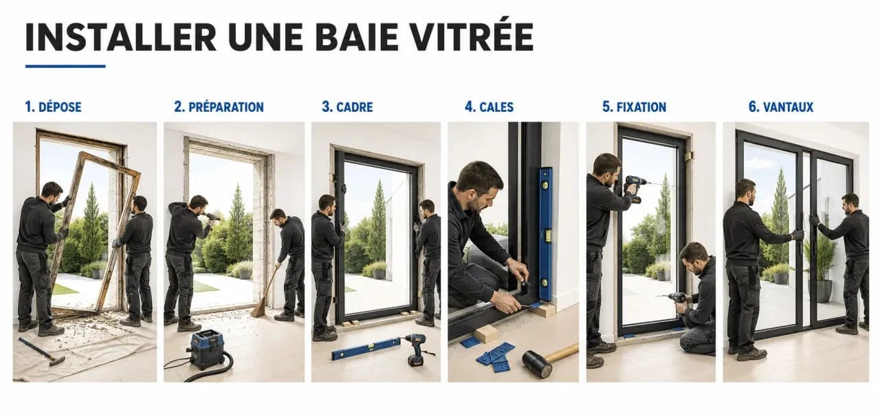 Installation baie vitree : illustration des étapes de pose d’une baie vitrée dans une maison
