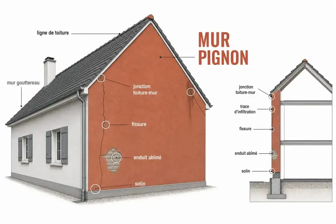 Schéma d’un mur pignon montrant sa position, son rôle et ses points faibles sur une maison