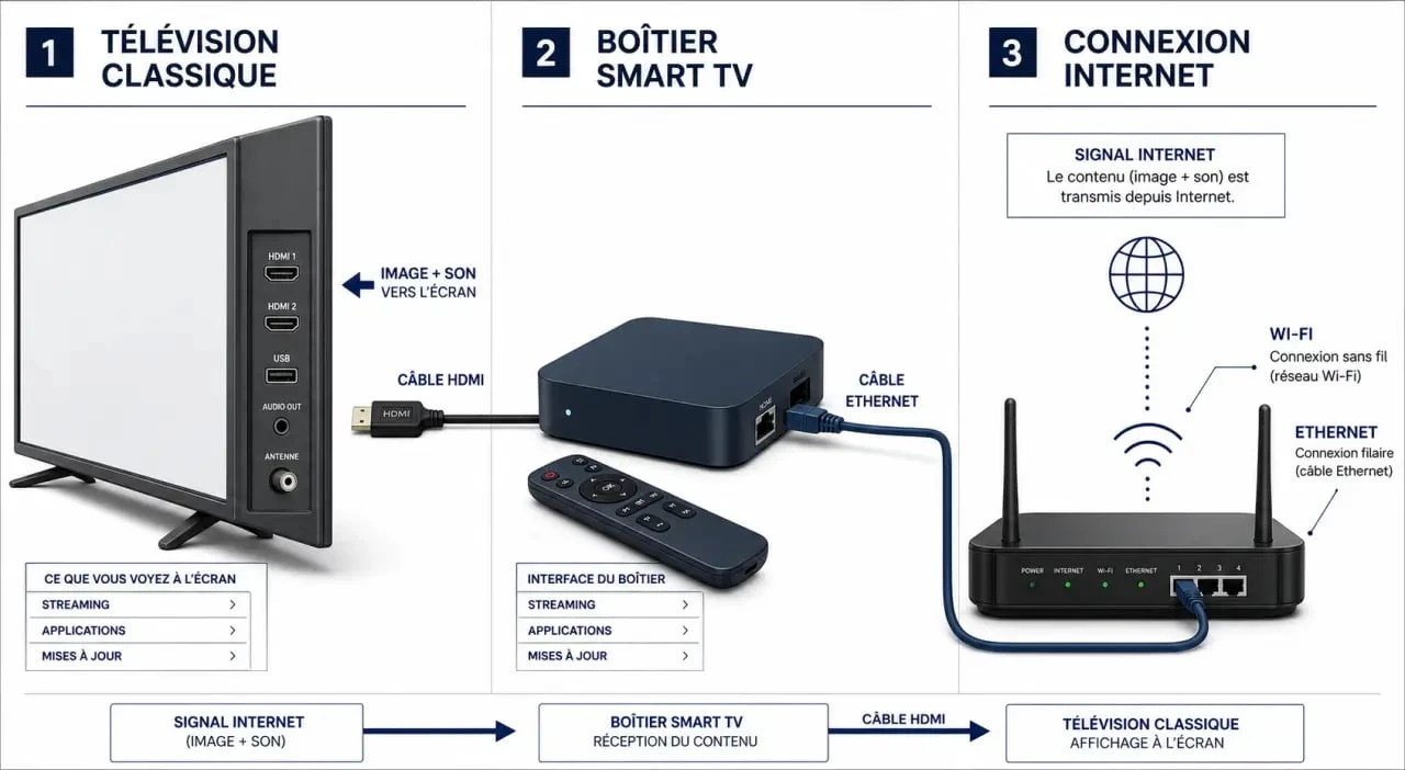 Boîtier smart tv comment ça marche : schéma explicatif d’une télévision reliée à un boîtier HDMI et à Internet